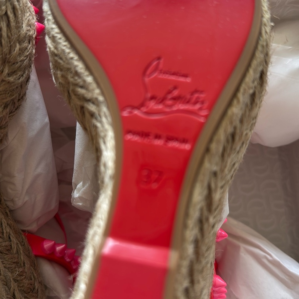 Christian louboutin mafaldina 120mm wedge espadrille pink neon sandal sz 37 - Picture 12 of 15